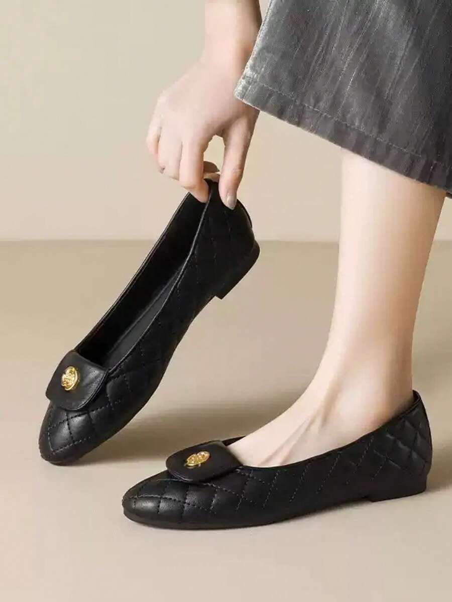 2026春季新款法式菱形玛丽珍鞋，山茶花低帮休闲女鞋 - 黑色 - 查看 1