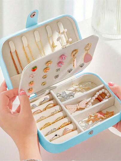 1pc Portable Travel Jewelry Storage Box, Mini Jewelry Box, Small Jewelry Organizer, Multi-Function Ring Display Case, Jewelry Holder Box For Earrings, Necklaces, Pendants, Gift Box, Waterproof Polyester Jewelry Storage Box, Large Capacity Jewelry Display Case