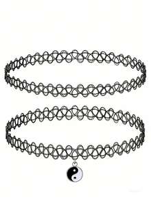 2pcs/Set Necklace Set, 90s Style Yin Yang Pendant Necklace, Elastic Charm Jewelry Gift For Women & Teenage Girls - Black - View 4