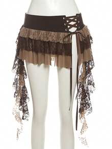 Women's Asymmetrical Hem Flounce Tie-Up Culottes, Fashionable & Versatile For Vacation - Brown - View 8