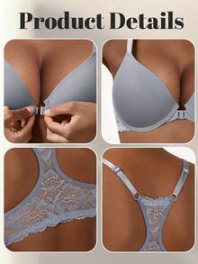 White Women's Lace Racerback Bra - Front Closure Design, Floral Lace Accent On Back, Comfortable Support & Easy-On Feature - Grey - View 7
