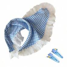 3pcs Bandana, Headband & Hair Clip Set, Ruffled Plaid Headband, Sweet & Cute Countryside Style Girl Photo Props - Red - View 4