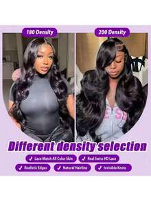 即戴即用无胶假发，波浪卷蕾丝前假发，真人混纺发丝，预先拔毛，200%密度，13x4高清透明蕾丝前额波浪卷真人混纺假发，女士款，自然黑 - 自然色&黑色系 - 查看 10