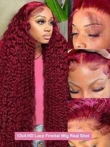 99j Burgundy 360 Lace Front Wigs Human Hair Hidden Strap Water Wave 360 Glueless Wigs Human Hair Pre Plucked Curly Human Hair Wig With Drawstring 250 Density Colored 13x4 13x6 Wet And Wavy HD Lace Front Wigs Human Hair For Women - S99J - 查看 5