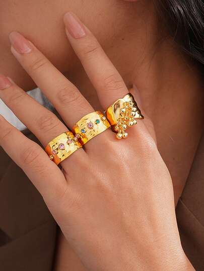 1pc Rhinestone Pleated Round Open Ring, Retro Fashion Women's Single Ring, Luxury Elegant Summer Daily Accessory