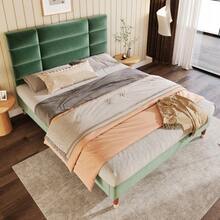 Upholstered Double Bed With Slatted Base, 140x200cm, Upholstered Bed Frame With Headboard, In Linen, For Adults And Teenagers (With Mattress) - Green - View 8