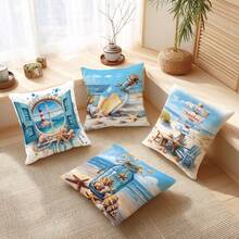 4件套夏季海洋沙滩漂流瓶抱枕套，单面印花桃绒涤纶面料，45*45厘米/18*18英寸，适用于房间装饰、现代简约沙发客厅装饰、礼品、派对装饰 - 彩色 - 查看 6