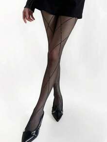 1pc Silver Criss-Cross, Diamond Mesh Pantyhose, Thin & Sexy Design, Slimming Effect, Suitable For Spring/Summer - Multicolor - View 7