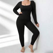 1 Piece Of Seamless Tight Fitting High Stretch Plastic Jumpsuit For Women, Sports Training Long Sleeved Fitness Suit, Suitable For Daily Yoga Use - màu đen - Xem 3