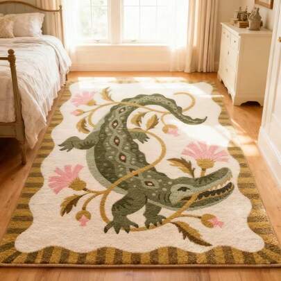 1件复古波西米亚风绿粉鳄鱼纹花卉图案柔软弹力地毯，脚感舒适，适用于卧室、客厅、民宿等场所，独特的艺术装饰，厚实地毯，可机洗，藏蓝色地垫，适合派对装饰，提升家居格调，增添节日魅力，提升幸福感，家居装饰