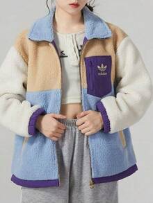 Adidas 阿迪达斯女士抓绒外套，加厚短款上衣，休闲时尚韩版宽松版型，户外运动服 - 藍色 - 查看 1
