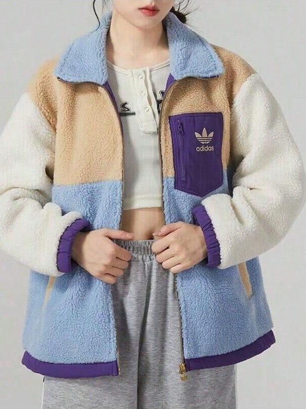 Adidas 阿迪达斯女士抓绒外套，加厚短款上衣，休闲时尚韩版宽松版型，户外运动服 - 藍色 - 查看 1