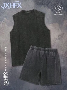 Men's 100% Cotton Heavyweight Washed Vintage Vest Set Show Me Your Titos Bottle Graphic Print Casual Streetwear S To Xxl High Quality Gift Suitable For Both Men And Women Comfortable And Stylish Street Style Pure Cotton T Shirt - 黑色 - 查看 2