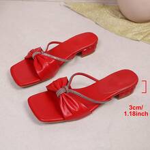 New Summer Slip-On Elegant High Heel Shoes, Solid Color PU Leather With Rhinestones, Thick Heel, Suitable For Wedding, Party, Holiday, Beach - الأحمر - مشاهدة 16