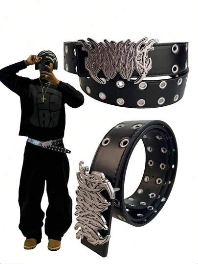 Plus Size Men's Belt, Leopard & Zebra Print Belt, European And American Street Style Goth Harajuku Vibe, American Cowboy Hip Hop Hollow Rivet Black Leather Belt With Letter Flame Metal Buckle, Versatile For Hoodies And Jeans, Unisex