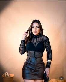 Women's Set: Bodysuit, Tulle Blouse With Long Sleeves, Pleated, Draped, And Gathered, And Short Faux Leather Skirt. Complete Outfit For Parties, Nights Out, Clubs, Country Music, Rodeos, Elegant, Chic, Aesthetic, High Neck, And Sertanejo Performances. - 黑色 - 查看 3