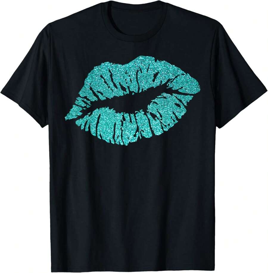 Kiss Lips Turquoise Blue Valentine's Day Sexy Love Vibe Gift T-Shirt - Negro - Ver 1