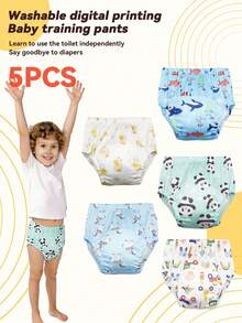 5pcs Baby Reusable Printed Potty Training Pants, Washable Diaper Underwear For Toddler Boys & Girls - Green Panda - View 6