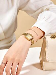 1件装奢华优雅女士石英表，方形表盘，镶钻表圈，镀金表壳，高品质合金材质，精致复古金属表带，简约低调奢华设计 - 金色 - 查看 6