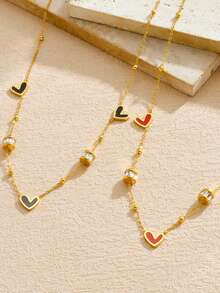 1件 时尚简约钻石滴油黑红爱心配饰链条镀金首饰不锈钢项链 - 愛心 - 查看 3