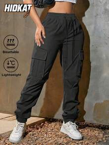 Hidkat Quần jogger nữ nhẹ, thoáng khí, màu trơn, cạp chun có dây rút, túi lớn, thích hợp mặc hàng ngày, màu đen mùa xuân/thu. - màu đen - Xem 3