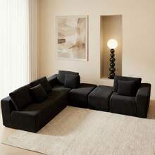 132" Cloud Couch, U Shaped Sectional Couch, Striped Corduroy Modular 6-Seater Sofa For Living Room Bedroom, Reversible Chaise, Free Configuration, No Assembly, Black - màu đen - Xem 3