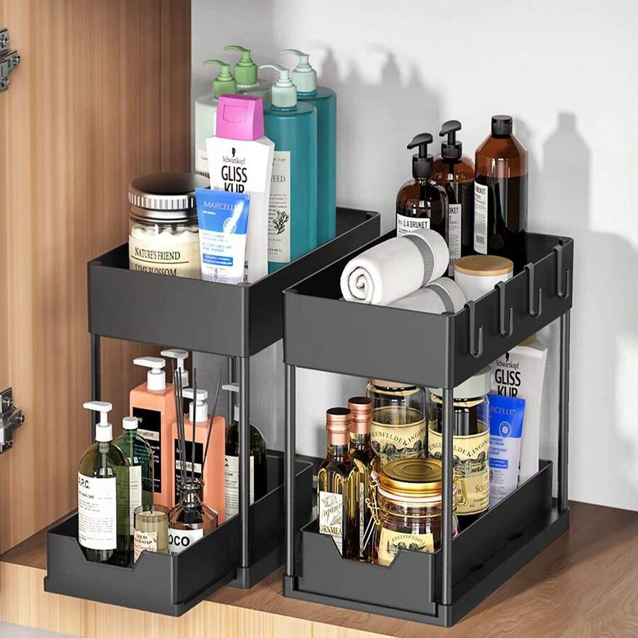 1 pieza Organizador de cajón corredizo de 2 niveles debajo del fregadero, estantería extraíble multifuncional con ganchos, estante de almacenamiento resistente para encimera de baño o cocina para cosméticos, artículos de tocador, especias, botellas y suministros de limpieza - Negro - Ver 1