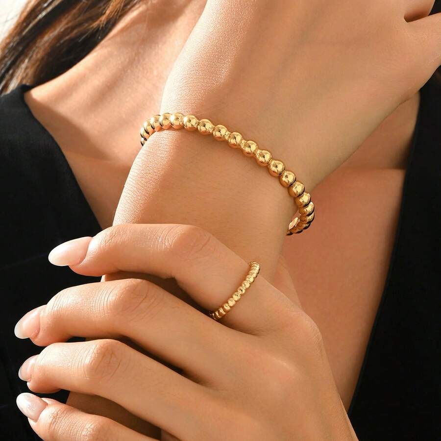 2pcs Fashionable Elegant Sphere Combination Bracelet And Ring Set, Suitable For Women's Daily Wear - Multicolor - View 1