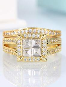 2pcs Luxurious Cubic Zirconia Stone Rings, Suitable For Women, Ideal For Weddings, Engagements, Anniversary Parties, Valentine's Day Gifts - Yellow Gold - View 2