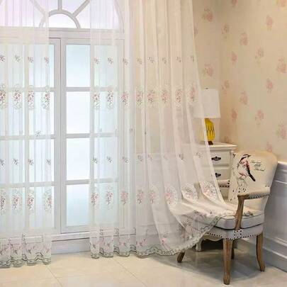 1 Panel Minimalista Transparente con Bordado Floral, Diseño de Bolsillo para Colgar Fácilmente, Bordado Floral Delicado, Acogedor y Romántico, Adecuado para Sala de Estar, Dormitorio, Cortinas de Habitación de Princesa, Apto para Diversos Tipos de Habitaciones