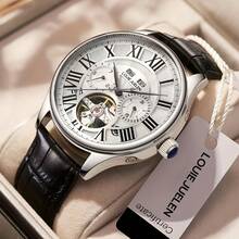 Đồng hồ cơ tự động nam JUELEN, đồng hồ tourbillon ba kim sang trọng, chống nước, dạ quang, lịch, dự trữ năng lượng, dây đeo da cao cấp màu xám khắc họa tiết lượn sóng, quà tặng thường ngày. - Bạc - Xem 11
