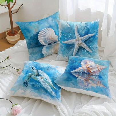 4 件套，多色，水彩海洋图案，贝壳、海星和海龟，水彩风格，印花枕套，100% 涤纶面料，不含枕芯，非常适合为入口或家居空间增添温馨宜人的氛围。