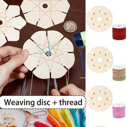 2pcs Woven Round Wooden Tray And Woven Yarn, Wooden Round Tray Woven Rope Tool, Jewelry Making DIY Handcraft Gift Friendship Bracelet Weaving Material, Lightweight Weaving Auxiliary Tool, Jewelry Making Tool, DIY Enthusiast