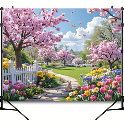 1 幅樱花小径春季帆布画 - 充满活力的花园小径，点缀着开花的树木和蝴蝶，非常适合装饰客厅、卧室、办公室和户外。