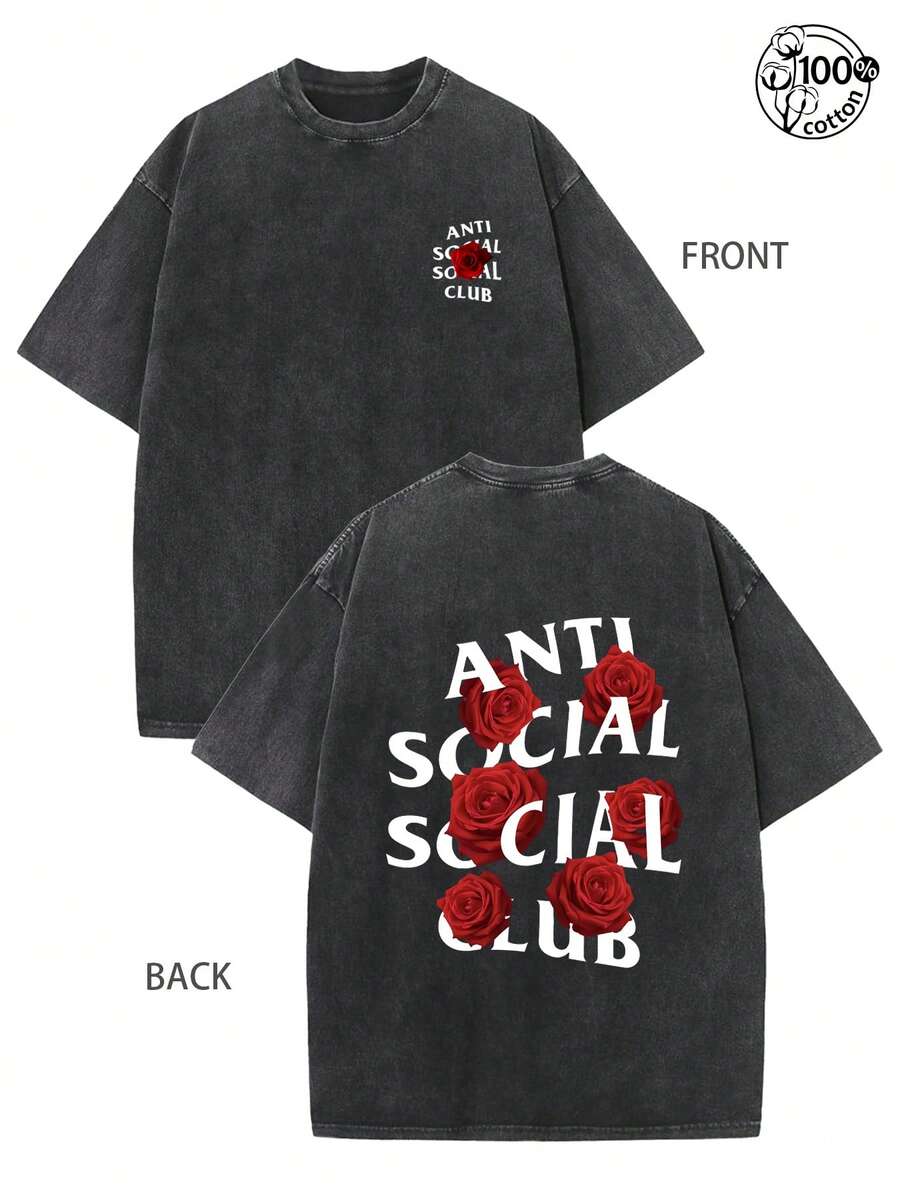 ASSC Rose Printed Retro Washed T-Shirt Made Of Old Black Loose Short Sleeve 100% Cotton, Pattern T-Shirt For Men, 230G Washed Cotton High Quality Cotton Printed Men's T-Shirt; American High Street, Retro, Men's Clothing, Daily Wear, Red Rose Print, Washed And Worn, Retro Loose, Suitable For Street Retro And Outdoor Sports And Leisure, Eye-Catching, Comfortable And Fashionable Short Sleeves, - màu đen - Xem 1