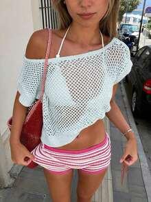 2026 New Spring/Summer Women's Casual Elegant Street Style Beach Party Holiday Knit Open Shoulder Pullover Cover Up Top, Women's Spring, Women's Holiday Wear, Summer Vacation, Y2K, Casual Women's, Holiday For Women, Vacation For Women, Beach For Women White - Xanh nhạt - Xem 2