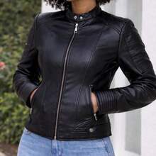 Women's Leather Jacket, Black Leather Coat - 黑色 - 查看 4