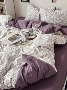 四件套奢华复古米拉弗洛雷斯风格被套套装（1*被套+1*床单+2*枕套，不含被芯），紫色花卉图案，黑色和灰色叶子，纯色床单，适合情人节和日常使用，触感柔软，透气性佳，100%聚酯纤维面料，四季皆宜，可机洗，单人/双人/大号尺寸 - 紫色 - 查看 7