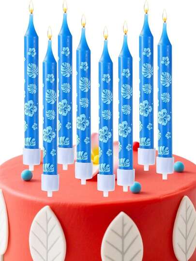 6pcs/12pcs Blue Leaf Tropical Vacation Straight Candles For Birthday, Anniversary, Gender Reveal, Birthday Party Cake Decor