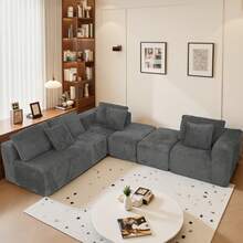 132" Cloud Couch, U Shaped Sectional Couch, Striped Corduroy Modular 6-Seater Sofa For Living Room Bedroom, Reversible Chaise, Free Configuration, No Assembly, Gray - 深灰色 - 查看 3