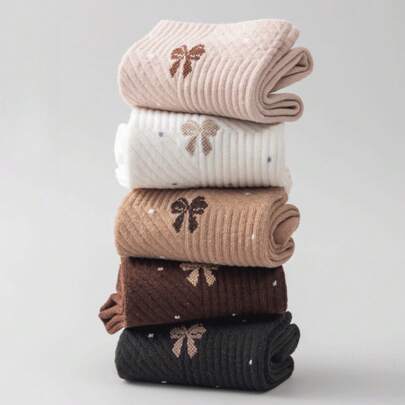 5 paires de chaussettes pour femmes avec motif nœud, chaussettes de sport, chaussettes mi-mollet pour femmes, chaussettes mi-mollet pour toutes les saisons pour le printemps, l'automne et l'hiver