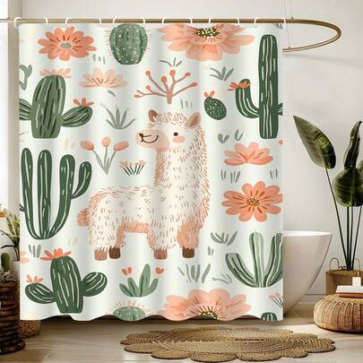 1pc Fun Cartoon Desert Alpaca Shower Curtain Fashionable Plant And Animal Printed Shower Curtain Suitable For Bathroom Bathtub Partitions Bathroom Decoration Bathroom Accessories Shower Bathtub Curtain