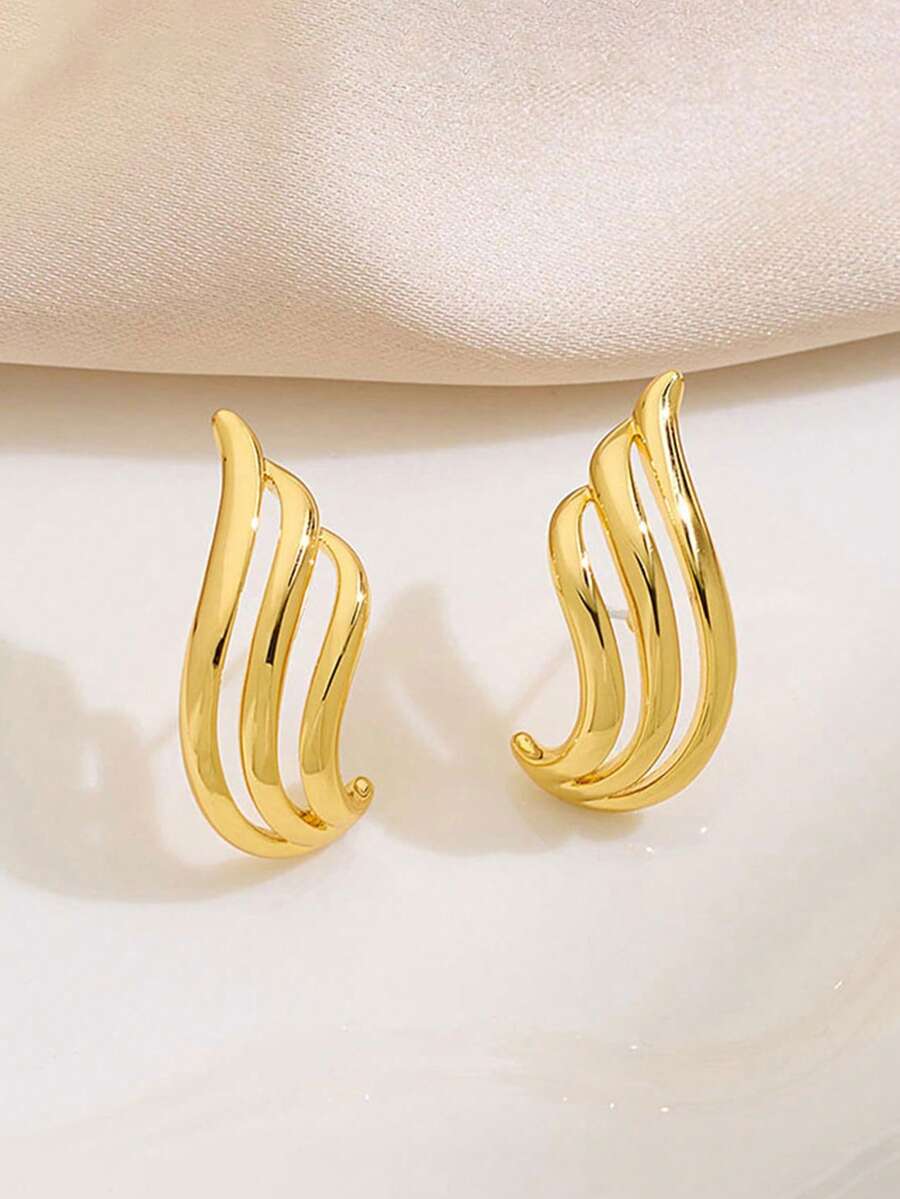 一对金色波浪流水耳钉，适合日常佩戴和优雅场合 - 低过敏性且不易褪色 - 金色 - 查看 1