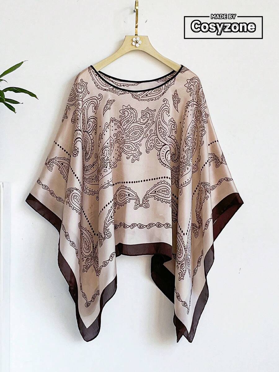 1条佩斯利印花雪纺围巾，波西米亚风披肩，时尚百搭沙滩罩衫，适合日常穿着和度假 - 卡其色 - 查看 1