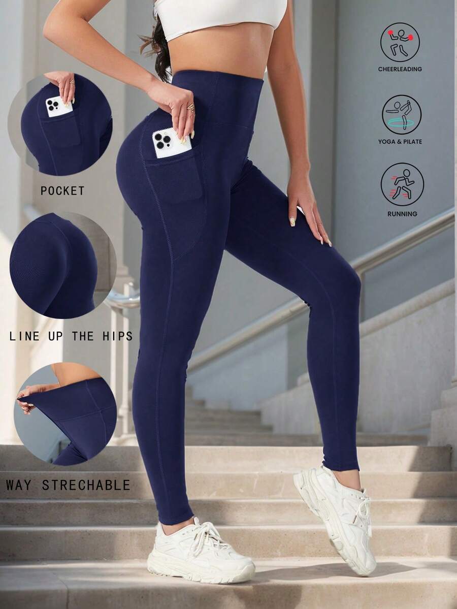 高腰收腹口袋瑜伽裤、健身紧身裤、户外紧身裤（春季款） - 藏蓝色 - 查看 1