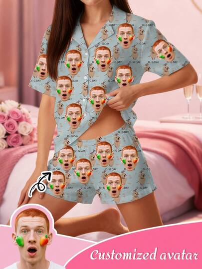 Customized 2pcs Women's Pajama Set, Personalized Pet Portrait Short Sleeve Couple Pajamas, Dog Pattern Design, Matching Sister/Best Friend Short Sleeve Pajama Set, Pet Couples Pajama Set Couple Gift, Customized Pajama Gift, Anniversary Gift, Couple Pajamas, Customized Pajama Set, Holiday Gift, Fashionable & Cute Personalized Gift For Her