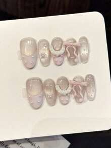 10片甜美粉色渐变3D蝴蝶结珍珠亚克力美甲贴纸，可爱波点连衣裙图案短椭圆法式美甲贴纸，DIY美甲用品，可重复使用，包含果冻胶和指甲锉，适合日常佩戴、情人节、音乐节、婚礼、完美节日礼物、DIY美甲套装（含工具、用品和手工美甲贴片）、母亲节、毕业典礼、度假风 - 淺粉色 - 查看 1