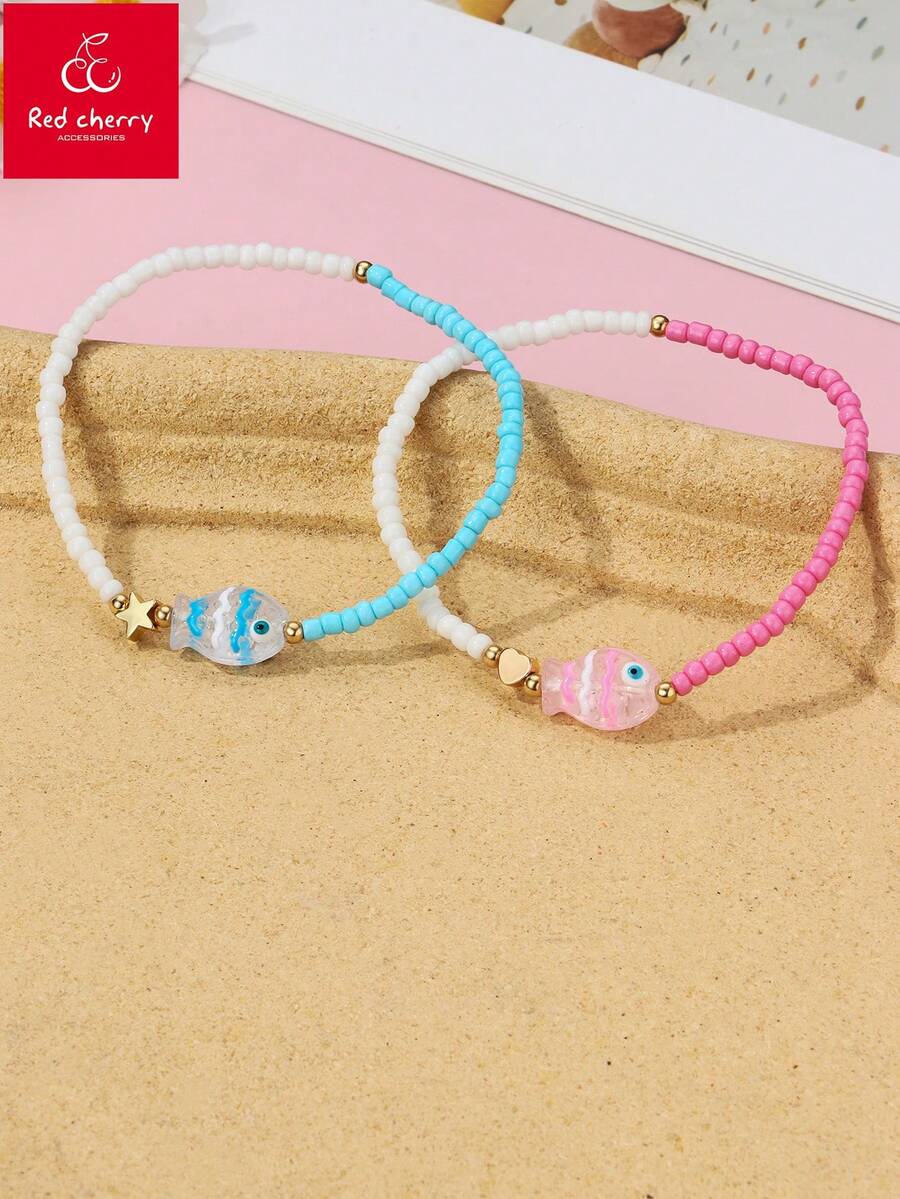 2件套儿童可爱手工串珠透明树脂鱼手链套装，适合日常佩戴、度假、送礼、节日 - 彩色 - 查看 1