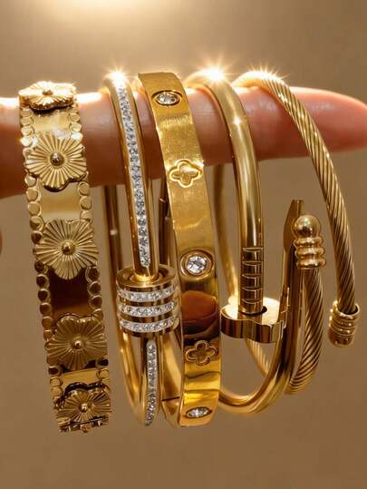 Shine M New 5/1 Set/1 Piece 18K Gold Plated Stainless Steel Elegant Luxury Shiny Star Bracelet, Waterproof Anti-Fading Material, High-End Quality, Suitable For Women, Mothers Day Beach Holiday Refined Accessory