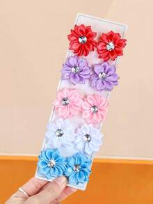 Set de 10 piezas de pasadores para el cabello con flores de rhinestone, 5 colores macarrón frescos - rojo, morado, rosa, blanco, azul - adecuado para niñas y mujeres, para uso diario, escuela, citas y fiestas, verano, vacaciones, viajes - Multicolor - Ver 1